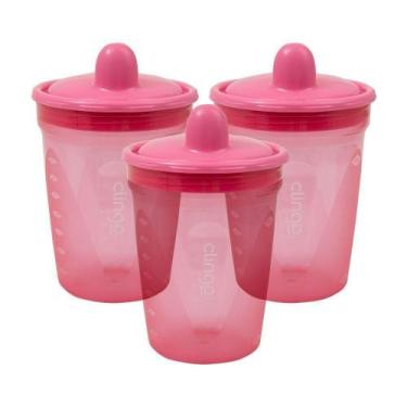 Imagem de Kit Com 3 Copos De Transição Clingo Rosa - Bico Rígido, Anti-vazamento