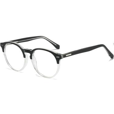 Imagem de UNIEOWFA Armação retrô redonda de acetato para homens e mulheres vintage óculos ópticos armação transparente grossa, Fg1249-preto transparente, 50mm