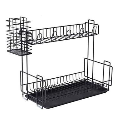 Imagem de YGCBL Prateleira de armazenamento, escorredor de pratos de ferro preto multifuncional rack de armazenamento de cozinha 39 × 20 × 33 cm prateleiras de talheres