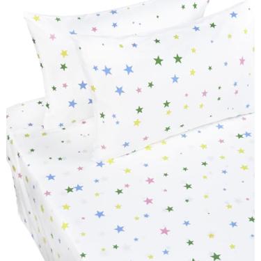 Imagem de J-pinno Jogo de lençol casal com estrelas cintilantes, luz no céu, decoração de quarto, 100% algodão, lençol de cima + lençol com elástico + fronha (estrelas, casal)