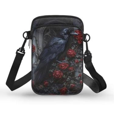Imagem de Jolamirel Bolsa tiracolo pequena gótica feminina leve para celular, carteira de ombro rosa sangrenta com bolso com zíper, Flor rosa de corvo, Bolsa transversal pequena