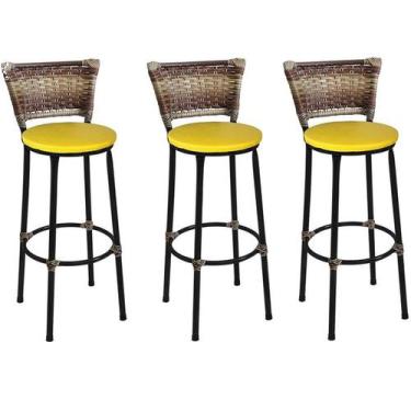 Imagem de Kit 3 Banquetas Altas Preta com Encosto Junco Capuccino Assento Amarel