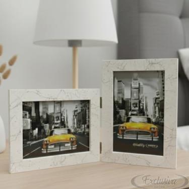 Imagem de Porta Retrato Duplo 10x15 Moldura Branco Marmorizado Com Vidro