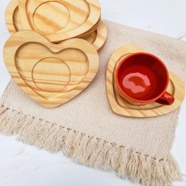 Imagem de Pires Porta Xícara Chá De Coração De Madeira Pinus Servir Cantinho do Café Mesa Posta C/4 UNIT