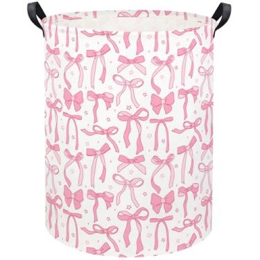 Imagem de TIBAOLOVER Cesto de lavanderia infantil cesto de armazenamento de brinquedos para decoração de quarto de meninos, cesto de berçário, cestas de presente para quarto de banho (laço rosa)
