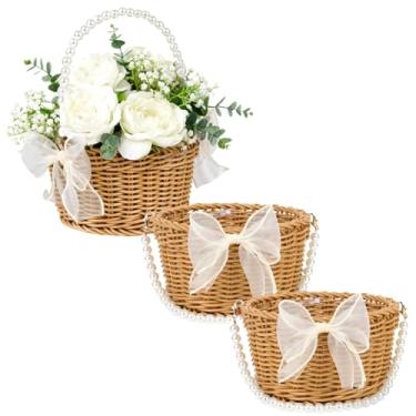 Imagem de Conjunto de 3 cestos de vime pequenos de vime com alça de pérola e laço para casamentos rústicos, cesta de Páscoa ou armazenamento de jardim
