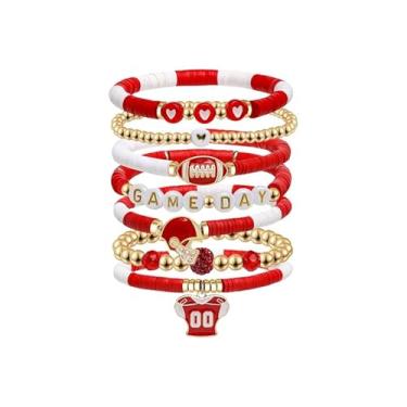 Imagem de ADAIER Pulseira macia empilhável, pulseira de suporte multicamadas para o dia do jogo, presente para pais fãs de futebol americano, One Size, Contas de argila, contas de argila