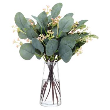 Imagem de DOPENSPI Pacote com 15 hastes de eucalipto, hastes de folhas de eucalipto falsas de 29 cm com sementes cor-de-rosa, folhas de dólar prateadas artificiais para grinalda, buquês de casamento, arranjos