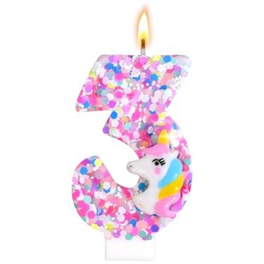 Imagem de Decoração de velas de aniversário com número de unicórnio, suprimentos de festa de aniversário com tema de unicórnio, topo de bolo de aniversário de lantejoulas com glitter para meninos e meninas