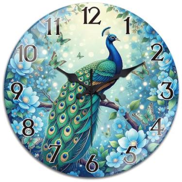 Imagem de peacoblue Relógios de parede operados por bateria pavão 30 cm vidro redondo relógio de parede sem tique-taque para cozinha, sala de estar, sala de jantar, quarto e banheiro acessórios de decoração