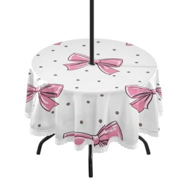 Imagem de Qilmy Toalha de mesa redonda à prova d'água Bow Pink de 152 cm com orifício para guarda-chuva e zíper – uso externo / interno resistente para pátio, churrascos, piqueniques, festas (serve para mesas