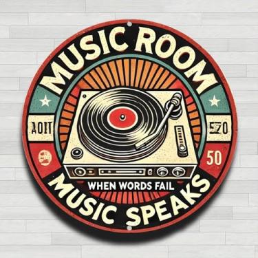 Imagem de Placa de parede redonda de metal rústico vintage com logotipo de toca-discos para sala de música, 20 cm, presentes e decoração para casa, escritório, café e quintal