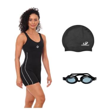 Imagem de Kit Maiô Macaquinho Helanca Feminino com Óculos Proteção Uv e Touca Silicone Grande (Preto/Branco - Touca Preta, GG)