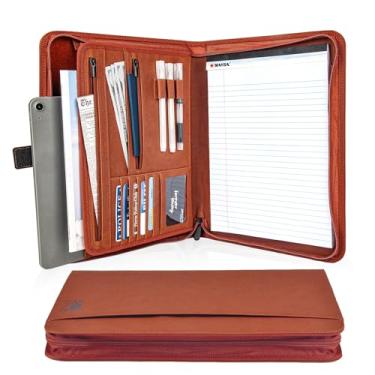 Imagem de Organizador de portfólio de couro para homens e mulheres | Padfolio profissional de negócios com fecho de zíper | Pasta de documentos/agenda/fichário de trabalho | Estojo de acessórios de trabalho de