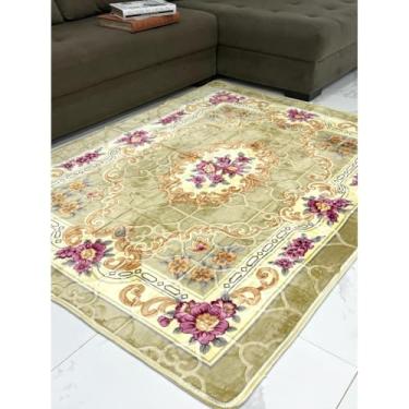 Imagem de Tapete Floral Grande 1,45x1,95m Antiderrapante para Sala e Quarto - Tapete Macio de Flanela, Fácil de Lavar na Máquina, Antialérgico, Decorativo para Sua Casa(Bege Floral B)