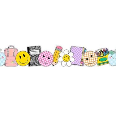 Imagem de Whaline Quadro de avisos de volta às aulas com bordas de lápis de giz de cera com composição de rosto sorridente para escritório, sala de aula, decoração de quadro-negro