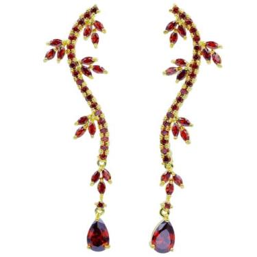 Imagem de Brinco Zircônia Folhas e Gota Semijoia Akasaki BC2929, Dourado, Vermel