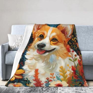Imagem de Cobertor grande ultra macio com estampa de flores florais de primavera Corgi, perfeito para cama, sofá e viagens, manta de flanela aconchegante e quente