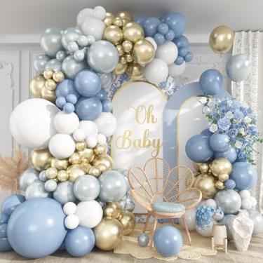 Imagem de Kit de guirlanda de balões azuis com 112 peças, pérola branca macaron azul champanhe dourado branco, conjunto de arco de balão de látex para festa de aniversário, chá de bebê, casamento e decoração de