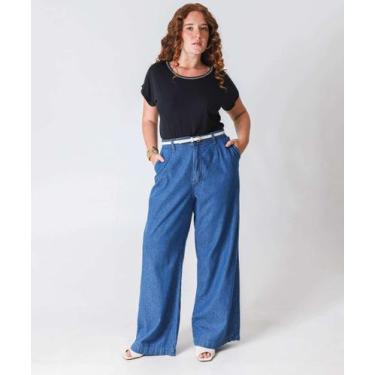 Imagem de Calça Plus Size Feminina Wide Leg Jeans Azul-58001 - Vizzy, 50, Jeans 