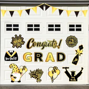 Imagem de JarThenaAMCS 25 peças de ímãs para porta de garagem de formatura faixa dourada preta parabéns grad adesivos magnéticos de geladeira para decoração de festa de sala de aula em casa