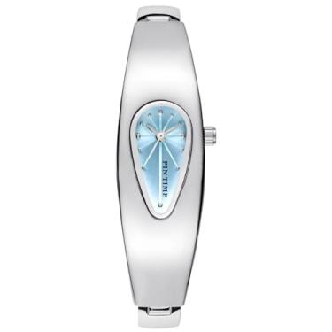 Imagem de MASTOP Relógio feminino com pingente de lágrima – elegante relógio de pulso de quartzo de aço inoxidável com mostrador oval minimalista, design moderno de pulseira para uso casual ou vestido, Prateado