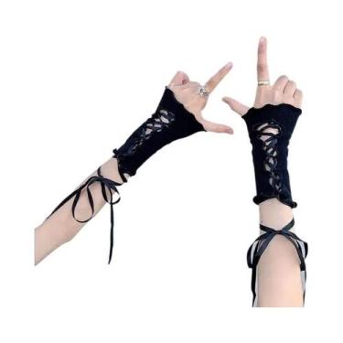 Imagem de Luvas Pretas De Renda Sem Dedos Para Mulheres, Estilo Gótico Punk, DIY