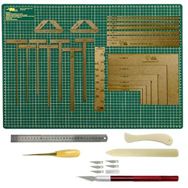 Imagem de Kit Placa De Corte 30x45 Gabarito Mdf Cartonagem Scrapbook Wireo Regua Inox 30cm Dobradeira Vincador (Estilete Vermelho)