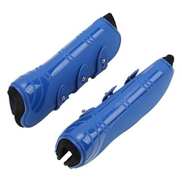 Imagem de Botas de suporte de cavalo, resistente a impactos fácil de usar, botas de tendão, de cavalo, alta flexibilidade, capa de PU ajustável para corrida para esportes (pernas frontais azuis, M)
