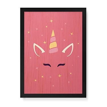 Imagem de Arte Maníacos Quadro Decorativo em Madeira Unicórinio Rosto Rosa - 23x16,25cm (Moldura caixa em laca preta)