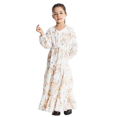 Imagem de Vestido longo floral tradicional birmanês para crianças Mianmar roupas de fantasia de menina exótica saia vestido thobe (BEGE FLORAL, 13-14 ANOS)