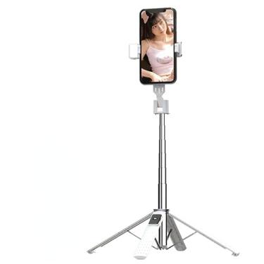 Imagem de WHSXFA Bastão de selfie com tripé reforçado para celular, suporte com duas luzes de preenchimento, extensível e com controle remoto Bluetooth para fotos e transmissões ao vivo (branco (luzes duplas))