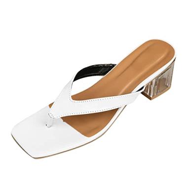 Imagem de Sandálias femininas primavera verão salto grosso bico quadrado cor sólida confortável flip bonito sandálias planas para mulheres, Branco, 7