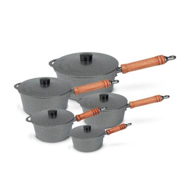 Imagem de Panela Fundida Alumínio Batido 5 Peças Cabo de Madeira Tampa Fundida - Craqueado