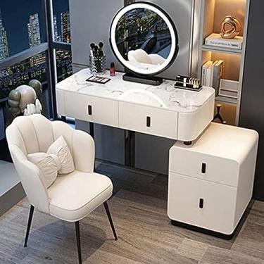 Imagem de Conjunto de penteadeira e banco de maquiagem, penteadeira com espelho de luzes LED, brilho ajustável, penteadeira com gavetas, móveis de quarto, para mulheres e meninas, branco + preto, 120