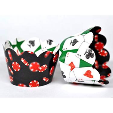 Imagem de Embalagens de cupcake de cassino para suprimentos de festa noturna de cassino, aniversários, números da sorte/festas de pôquer, Oh Craps! Conjunto de 24 cartas de baralho reversíveis para envoltórios