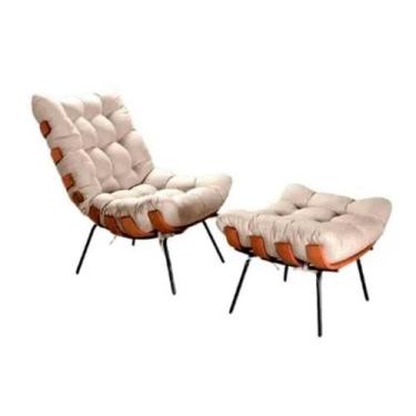 Imagem de Conjunto Poltrona e Puff Costela Tecido Linho Bege - TNA Decor