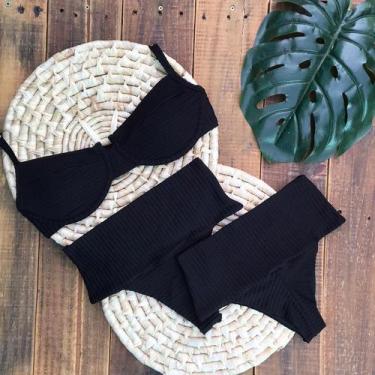 Imagem de Biquíni Hot Pants Faixa Meia Taça Retrô Canelado Mônaco Preto - Califó