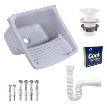 Imagem de Tanque de Plastico Cinza p/ Lavar Roupa 23L + Sifão + Veda Rosca - Met