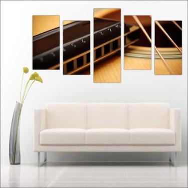 Imagem de Quadro Decorativo Violão e Gaita Salas Quartos 5 peças com Moldura - V