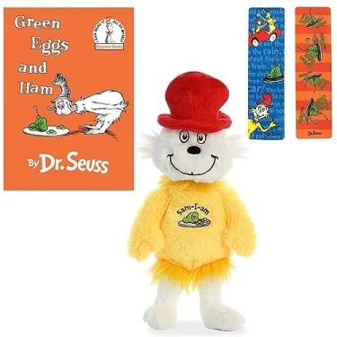 Imagem de Sam I Am Stuffed Animal Plush, livro de capa dura de ovos verdes e presunto e marcadores de livro (um conjunto de presente educativo do Dr. Seuss com lições de experimentar coisas novas e aprender a