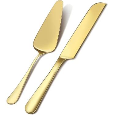 Imagem de FeelGlad Conjunto de corte de bolo para casamento, 2 peças, conjunto de facas e servidor de bolo de casamento, faca elegante e servidor com bordas arredondadas de aço inoxidável engrossadas para