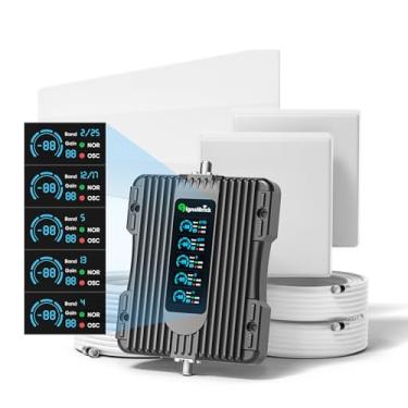 Imagem de Amplificador de sinal celular para casa e vários cômodos com tela LCD inteligente, 2 antenas de painel interno com cobertura de reforço de sinal de celular de até 8000 m², compatível com 5G aprovado