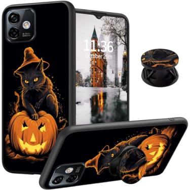 Imagem de Qindaiwen Capa projetada para Motorola Edge+ (2023)/Edge 40 Pro com suporte expansível de dedo, capa de silicone TPU macio com absorção de choque para Moto Edge Plus 5G 2023, gato de Halloween