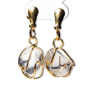 Imagem de Brinco Cesta Amarrada Pedra Quartzo Cristal Tarracha Dourado - Varejo