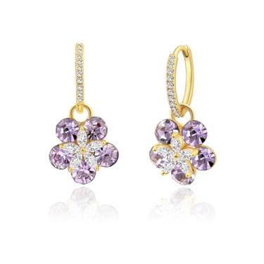Imagem de Brincos de argola pequenos com flores modernas com pedras de ametista roxa hipoalergênicas, banhado a ouro 14 K, brincos pendentes femininos, Latão, Criou Amethyst