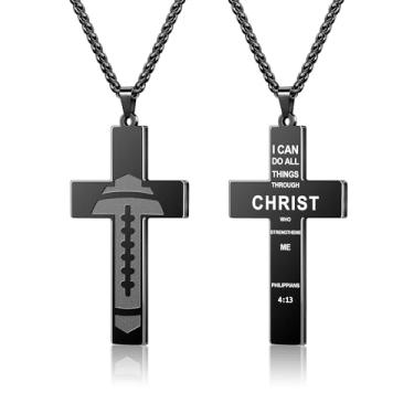 Imagem de Yifnny Colar masculino com cruz de futebol americano, versículo bíblico de aço inoxidável, fé religiosa, escrituras cristãs, pingente, corrente cruzada, primeira comunhão, batismo, joias esportivas,