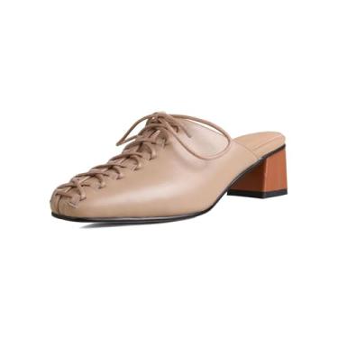 Imagem de TinaCus Sandália feminina de couro legítimo com bico quadrado feita à mão com cadarço e salto grosso, Damasco, 36