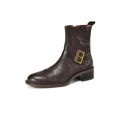 Imagem de TinaCus Bota feminina de bico redondo feita à mão com zíper com fivelas, salto baixo grosso, couro legítimo, casual, cano curto, Marrom, 36