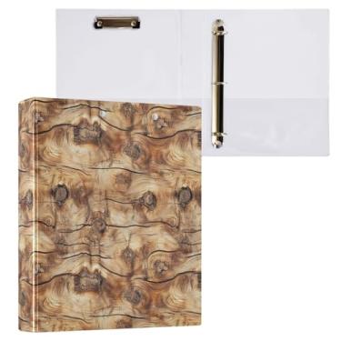 Imagem de Fichário rústico com 3 anéis com padrão de árvore de grão de madeira, fichário decorativo de 3,8 cm, com prancheta e 3 bolsos transparentes, comporta 200 folhas de papel tamanho A4, fichários à prova